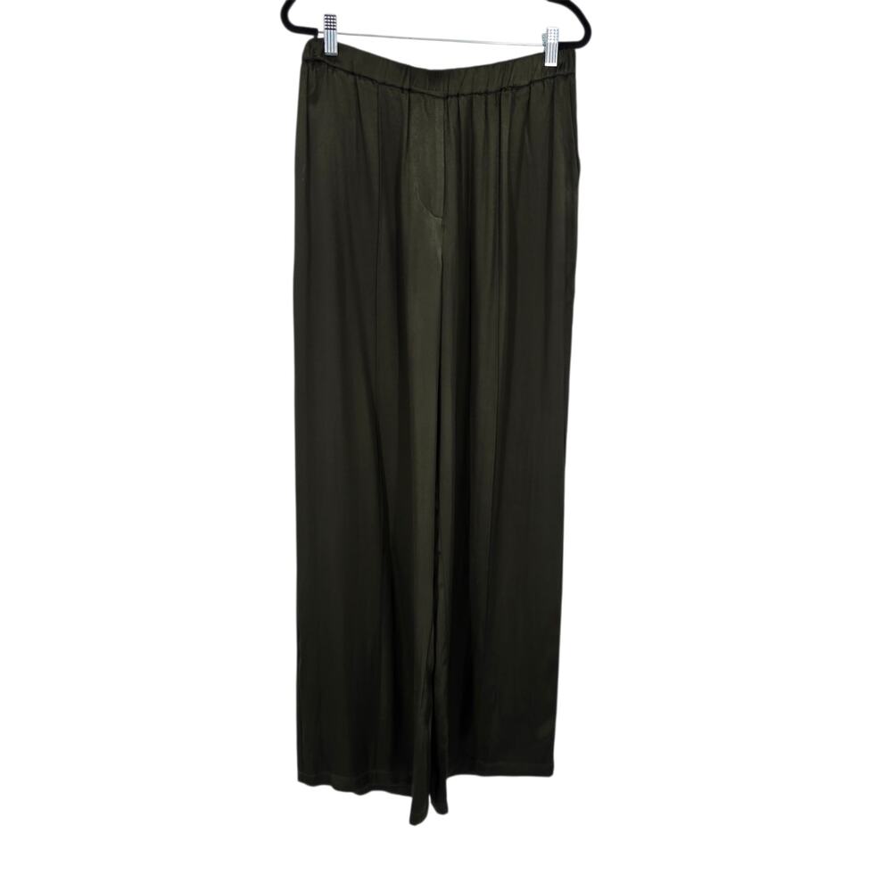 NWT WAYF Dark Olive Green Satin Elastic Waist High Rise Wide Leg Pants Size M